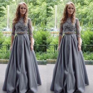 Elegant 2017 Gray Lace Half Sleeve Top Satin Skirt Two Pieces Prom Dresses Long Cheap Ruched Floor Length Formal Dresses Custom EN102611