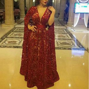 Wholesale Middle East Celebrity Dresses Burgundy Real Images Guipure Embroidery Lace Kaftan Floor Length with Ruched Waist Band Evening Gowns