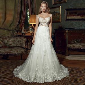 Exquisite Scoop Neckline Bridal Gowns See-through A-Line Wedding Dresses Lace Appliques Beadings Illusion Back with Button