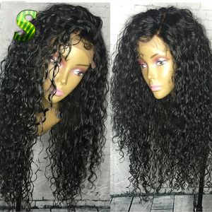 Sidor Del Lace Front Svart Kvinnor Lång Loose Curly Syntetisk Wig Baby Hår Glödlös Värmebeständig Lace Wig Combs Straps