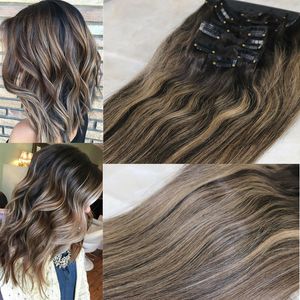 인간의 머리카락 확장에 8A 7pcs 120gram 클립 갈색 머리 Balayage 스트레이트 브라질 레미 인간의 머리카락 직조 옹 브르 다크 브라운 하이라이트