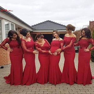 2017 Arabic African New Red Bridesmaid Dress Plus Size Sexy Off Shoulder Long Sleeves Lace Backless Pregnant Formal Dresses