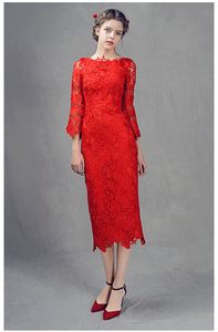 Elegant Lace Party Dresses Tea-Length Cocktail Gowns 3/4 Long Sleeves Summer Style Cocktail Gowns Cheap
