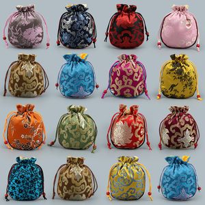 Cotton filled Thicken Silk Brocade Small Pouch Drawstring Travel Jewelry Storage Bag Vintage Crafts Trinket Gift Packaging Bags 50pcs/lot