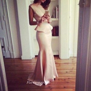 Pink Colour Long With Peplum Evening Dress Mermaid Satin Sleeveless Wear Special Occasion Dress Party Gown Custom Made Plus Size