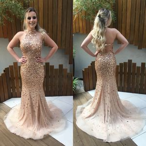 Elegante 2017 Champagne Cristal Frisado Sereia Vestidos de Noite Desgaste Sexy Sem Encosto Halter Formal Vestidos Custom Made China EN8017