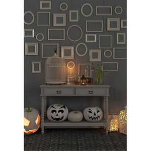 Interior Room Halloween Backdrops for Photography Circle Square Frames Grey Wall Pumpkin Lanterns Children Kid Studio Photo Booth Background