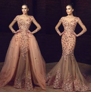 Chic Beaded Mermaid Formal Dresses Evening Wear With Detachable Train Sheer Plunging Neck Evening Gowns Sleeves Appliques Tulle Prom Dress