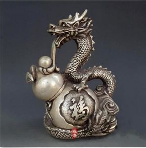 Marked Chinese Pure Silver Statue - Dragon & Gourd Ming Dynasty Xuan De Antique