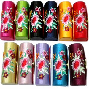 Bärbar Liten Broderad Travel Smycken Förvaringsväska Med Spegel Hantverk Förpackning Hängsmycke Halsband Presentkartong Silk Fabric Lip Balm Tubes