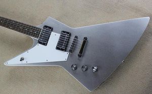 Custom Shop Dethklok Thunderhorse Left Handed Metallic Silver Explorer Electric Guitar Chrome Hardware White Pickguard Pearl Dot Inlay