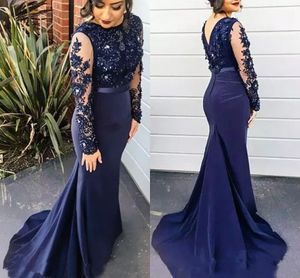 Style 2017 Evening Mermaid Jewel Long Sleeves with Lace Applique Prom Dresses Back Zipper Sweep Train Custom Made Formal Party Gowns