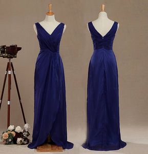 Sheath Column V-neck Straps Sleeveless Chiffon Bridesmaid Dress with Ruffle Split Pleats Long Evening dresses Blue Princess V-Back Ball Gown