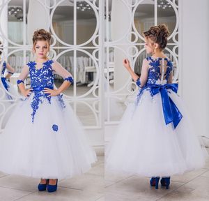Ayak Bileği Uzunluğu Çiçek Kız Elbise Kolları toptan satış-2017 Yeni Güzel Kraliyet Mavi Dantel Aplikler Çiçek Kız Elbise Yarım Kollu Yay Kanat Ayak Bileği Uzunluğu Kız Pageant Balo Parti Törenlerinde