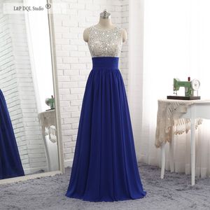 Sparkling Top Royal Blue Evening Dresses Long Prom Dress Scoop Open Back Pleats Chiffon Long Formal Dress