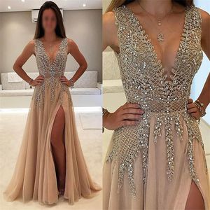 Bling Bling Gold Champagne Crystal Beaded Bodice Evening Dresses Deep V-Neck Side Slit Chiffon Robe De Soiree Party Prom Gowns