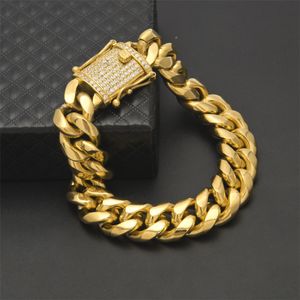 14mm Mens Cuban Miami Link Bracelet cz Clasp Iced Out Gold Silver Stainless Steel Chain Bracelet 22CM