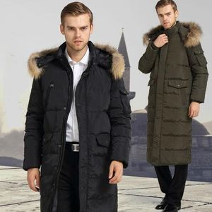 Kış Mens Uzun Ceketler Beyaz Ördek Aşağı Parkas Ceket Gerçek Rakun Kürk Hoodies Coats Kalınlaşmak Sıcak Dış Giyim Palto Artı Boyutu 5XL