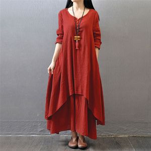 도매 패션 여성 가을 ​​면화 린넨 Boho Solid Long Maxi 드레스 캐주얼 느슨한 긴 소매 V 넥 드레스 Vestidos 플러스 크기