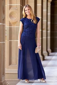 Elegant Blue Lace Mother Of The Bride Pant Suits Jewel Neck Wedding Guest Dress Two Pieces Plus Size Chiffon Mothers Groom Dresses