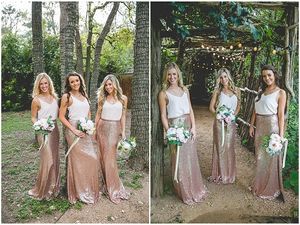 Hot Sale Två stycken Rose Gold Sequins Boho Bridesmaid Dresses Party Prom Gowns Vintage Country Wedding Party Dress