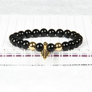 Men's Energy Fashion Jewelry Micro Paved Anchor Shied Cz Bracelet with 8mm Natural Black Onyx Stone Beads Bracelets For Gift