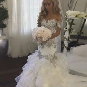 Sexy Off the Shoulder Illusion Mermaid Wedding Dress Sparkly Beaded Crystals Silver Lace Appliques Fit and Flare Bridal Gowns Ruffled Skirt