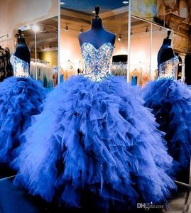 Online Royal Blue Ball Suknia Quinceanera Suknie z kaskadowymi Ruffles Tulle Sweetheart Girls Pagewe Dresses for Teens Warstwowa sukienka Prom