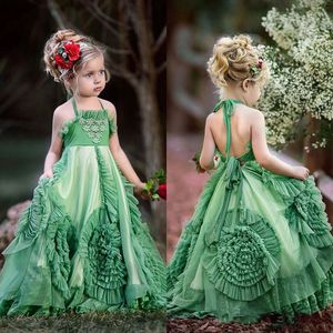 녹색 Boho는 결혼식을 위해 꽃 소녀 드레스를 선다. A-Line 홀터 키즈 미인 드레스 해변 첫 성찬식을위한 생일 파티 가운