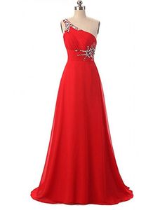 2017 New Red Chiffon Prom Dresses Beaded Crystals One Shoulder Floor-Length Party Dress Floor-Length Evening Formal Long Party Gown BM79