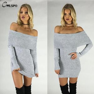 Wholesale-2016 Autumn Popular Sweater dress Women Solid Pullover Slash Neck Off Shoulder Sexy Fashion Women Kintting pull femme QL2653