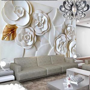 Wholesale- Custom 3d photo wallpaper embossed wallpaper of wall paper modern minimalist living room TV background white roses 3d wallpaper