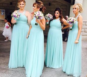Mintgrünes Neckholder-Brautjungfernkleid aus Chiffon, langes Ballkleid, Trauzeugin, Partykleid für Hochzeit, günstige Gastkleider