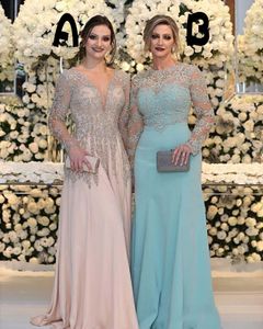 2021 Luksusowa Seksowna Matka Bride Suknie Głębokie V Neck Długie Rękawy Srebrny Kryształ Zroszony Szyfonowy Plus Rozmiar Party Dress Suknie Wieczorowe Open Back Blush Pink Nude