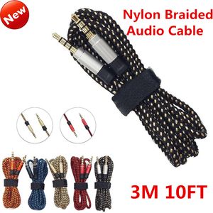3 mm Mężczyzna stereo pomocnicze Aux Cable Extension Nieprzestrzenny Metalowy Nylon Braided Car Audio Cable M FT dla iPhone MP3 Głośnik Tablet PC