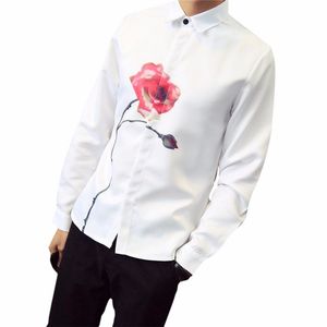 Partihandel-Fashion Casual Men Långärmad Lapel Toppar Casual Loose Rose Tryck SHIRTS Fiberblandning Vit Färg Blus Blusas Hombre