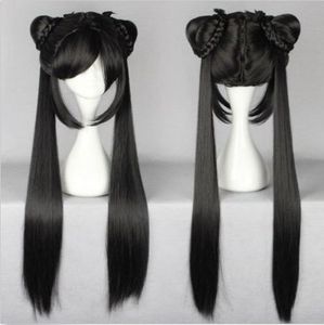 100% brandneue hochwertige mode bild volle spitze wigslong schwarz geradlinig lady lolita perücke mit zwei ponytails design perücke