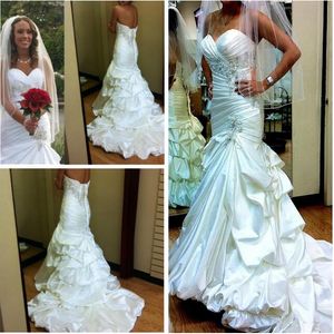 Vintage Mermaid Wedding Dresses Blush Draped Satin Gowns Crystals Beading Sash Sexy Sweetheart Lace-up Back Pleat Bridal Gowns Court Train