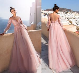 Blush Rosa Mangas Compridas Vestidos de Noite Sheer Neck Off Ombro Apliques Ilusão Tule Até o Chão Vestidos de Noite Vestidos de Festa de Praia