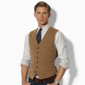 2019 New Classic fashion Gilet in tweed marrone Lana a spina di pesce Stile britannico Abito da uomo su misura slim fit Blazer abiti da sposa per uomo P: 6