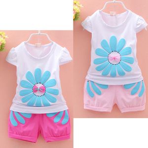 Wholesale- 2pcs clothing set!!fashion kids baby girls beauty sunflower short sleeve tops+ floral shorts outfits for age 1-4Y girl