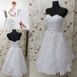 Vintage Tea Length Wedding Dress with Full Lace Skirt Satin Belt Sweetheart Real Picture Lace-up Back White Wedding Gowns