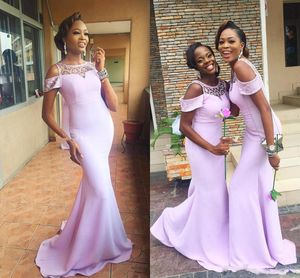 2018 Moderna Lavendel Mermaid Bridesmaid Dresses Cap Sleeves Beaded Satin Long Nigeria Wedding Guest Dress Evening Party Gowns
