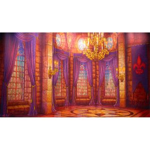 Digital Printed Interior Castle Photo Backdrop Gold Chandelier Purple Curtains Window Prom Birthday Party Princess Photography Backgrounds