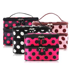 Portable Double-Deck Zipped Enclosure Water resistant Nylon Cosmetic Retro Dot Multi Functional Beauty Makeup Hand Case Bag