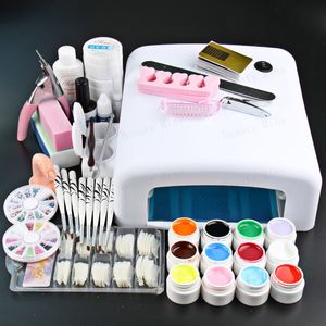 Wholesale- Professional Full Set 12 color UV Gel Kit Brush Nail Art Set + 36W Curing UV Lamp kit Dryer Curining Tools