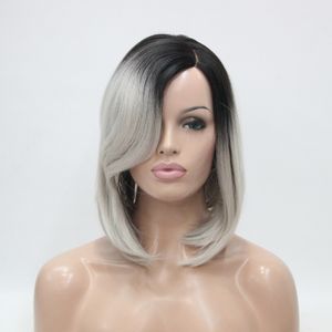 Do Not Cut Lace Front HIVISION Ombre Gray Black Root Heat ok Synthetic Hair Hand tied Invisible L Part Wig Straight Bob wig