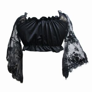 2017 Nowy Fahion Damski Lolita Halloween Koronki Mesh Róża Kwiatowe Rękawy Kostium Krótki gorset Crop Top Bluzka Koszula Scoop Neck Solid Color