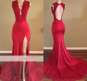 Rote Ballkleider Meerjungfrau 2020 Sexy tiefer V-Ausschnitt High Split formelles Abendkleid Open Back Crystal Prom Kleider Neu eingetroffen