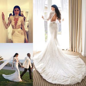 High Neck Mermaid Wedding Gowns Beaded Lace Applique Sash Hollow Backless Wedding Dresses Sexy Fashion Long Sleeves Beach Wedding Dresses